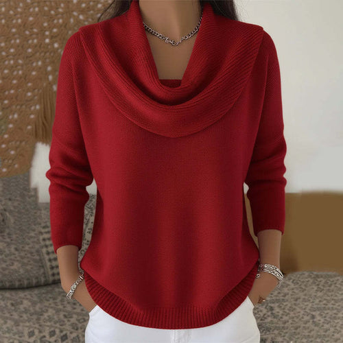 The Marylebone Drape Knit in red — women's relaxed-fit cotton-blend jumper with draped collar from Ellsworth London