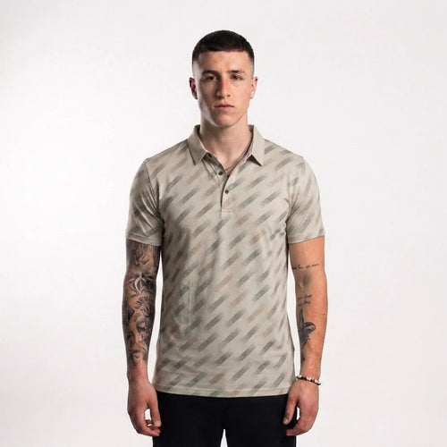 The Shoreditch Brushstroke Polo in black — men's tailored polo with all-over diagonal brushstroke print from Ellsworth London