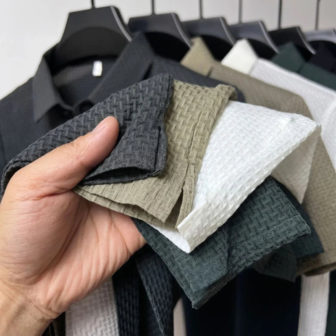 The Wimbledon Performance Polo — detail of polo collar and button placket