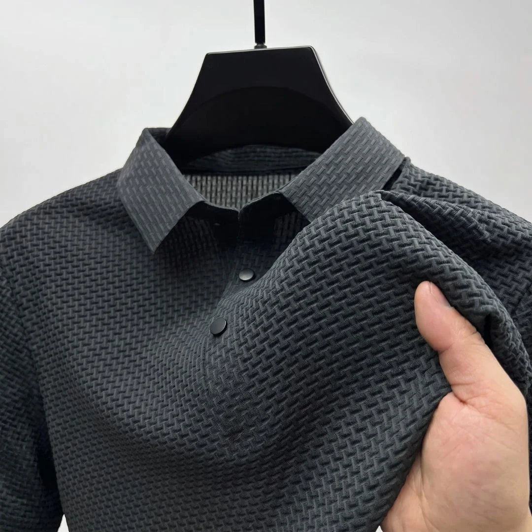 The Wimbledon Performance Polo in gray — stretch knit polo for office and weekend wear