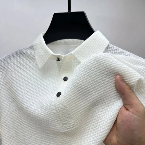 The Wimbledon Performance Polo in white — short-sleeve performance polo for men