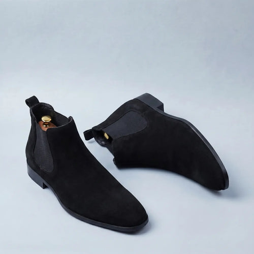 The Shoreditch Chelsea Boot in black faux suede — men's pointed-toe dress Chelsea from Ellsworth London