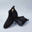 The Shoreditch Chelsea Boot — detail of soft faux suede upper and stacked low heel