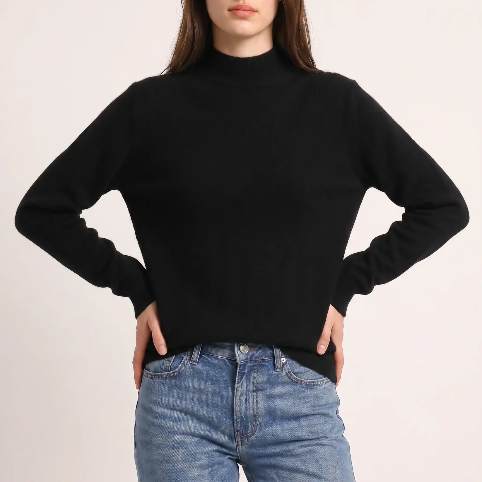 The Belgravia Merino Mock Neck in black — quiet, refined women's merino wool jumper