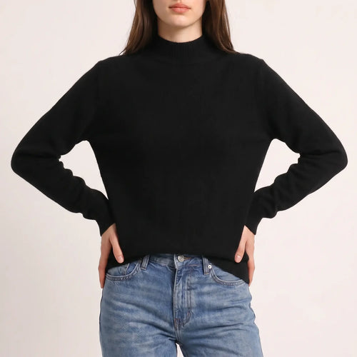 The Belgravia Merino Mock Neck in black — quiet, refined women's merino wool jumper
