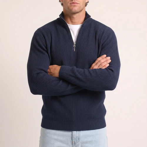 The Belgravia Half-Zip Knit in beige — quarter-zip men's jumper, smart casual styling