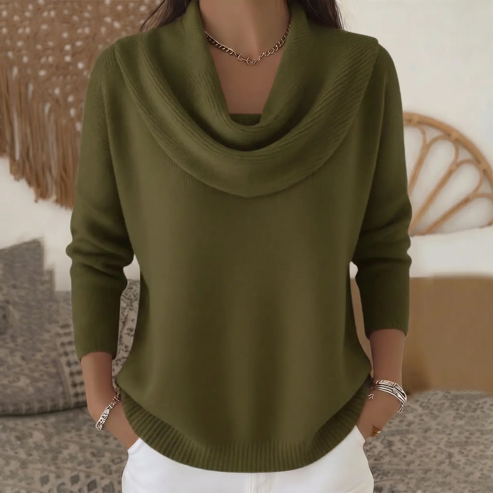 The Marylebone Drape Knit — alternative colourway shown in lifestyle context